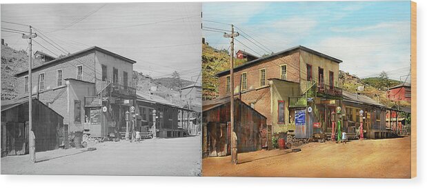 New Mexico Wood Print featuring the photograph City - Mogollon, NM - The Meat Market on Main 1940 - Side by Side by Mike Savad