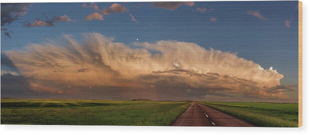 Storm Wood Print featuring the photograph ND Showing off #2 - panorama of massive stormcloud above ND hwy 281 at sunset with moon by Peter Herman