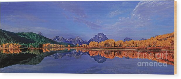 Dave Wellling Wood Print featuring the photograph Panorama Fall Morning Oxbow Bend Grand Tetons by Dave Welling