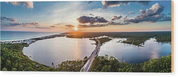 Scenic 30a Bisects Western Lake Between Watercolor And Grayton Beach State Park In South Walton Florida. Wood Print featuring the photograph Scenic 30A Sunset Over Western Lake by Kurt Lischka