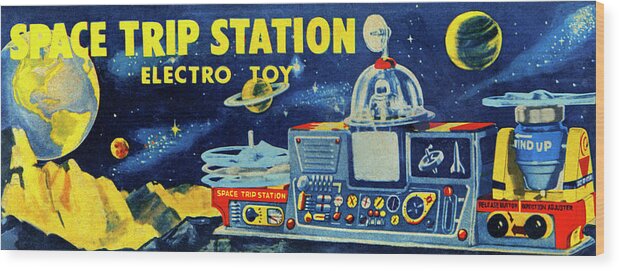 Vintage Toy Posters Wood Print featuring the drawing Space Trip Station Electro Toy by Vintage Toy Posters