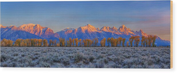 Tetons Wood Print featuring the photograph Teton Alpenglow Autumn Panorama #1 by Greg Norrell