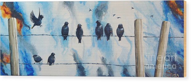 Birds On Wire Wood Print featuring the painting Birds on Barbed Wire by Shiela Gosselin