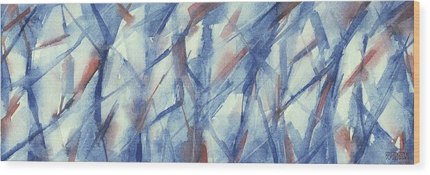 Abstract Wood Print featuring the painting Blue White and Coral Abstract Panoramic Painting by Beverly Brown PRints