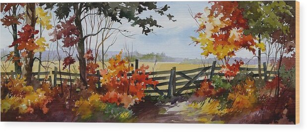 Fence In Fall Wood Print featuring the painting Gateway To Fall by Art Scholz