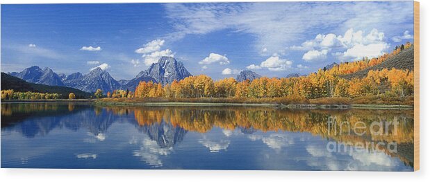 America Wood Print featuring the photograph Panorama Fall Morning at Oxbow Bend Grand Tetons National Park by Dave Welling