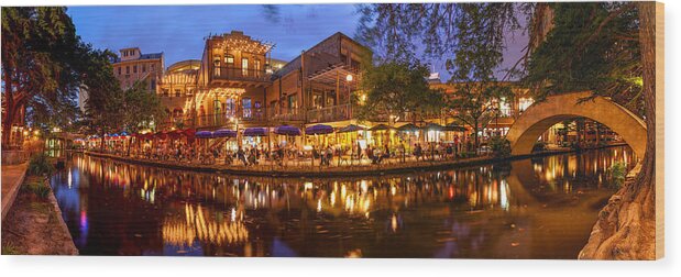 San Wood Print featuring the photograph Panorama of San Antonio Riverwalk at Dusk - Texas by Silvio Ligutti