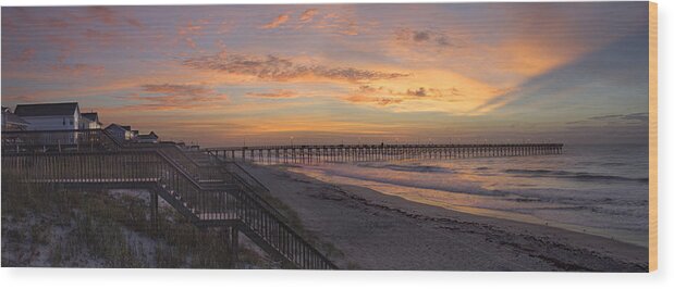 Fishing Pier Wood Print featuring the photograph Sunrise on Topsail Island Panoramic by Mike McGlothlen