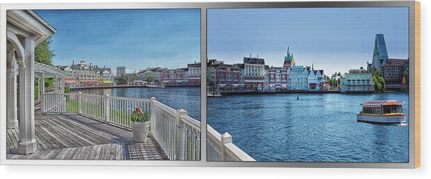 Castle Wood Print featuring the photograph Gazebo 02 Disney World Boardwalk Boat Passing By 2 Panel MP by Thomas Woolworth
