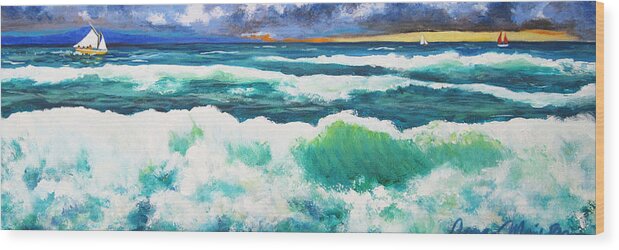 Ocean Wood Print featuring the painting Long Thin Wave by Anne Marie Brown