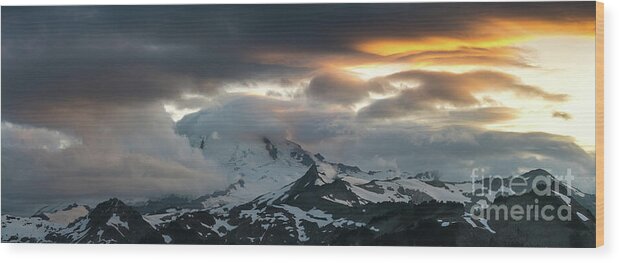 Mount Baker Wood Print featuring the photograph Mount Baker Sunset Cloudscape Drama Panorama by Mike Reid