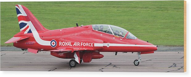 Red Arrows Wood Print featuring the photograph RAF Scampton 2017 - Red Arrows XX322 Sitting On Runway by Scott Lyons