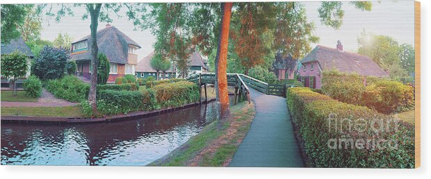 Sunset Wood Print featuring the photograph sunset in old dutch village, Giethoorn by Ariadna De Raadt