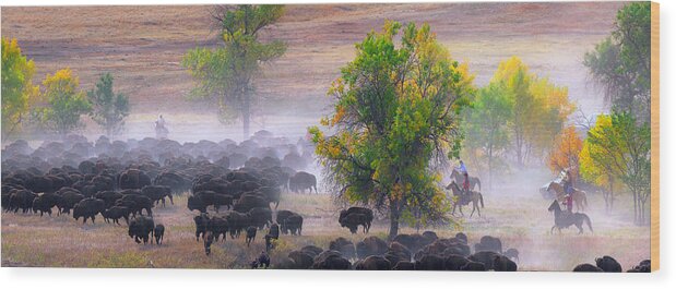 Buffalo Wood Print featuring the photograph The Round Up by Kadek Susanto