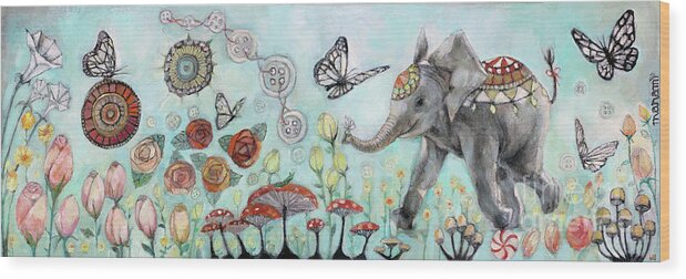 Elephant Wood Print featuring the painting Cute like a button by Manami Lingerfelt