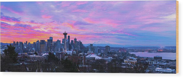 Outdoor; Sunrise; Dawn; Daybreak; Colors; Cloud; Space Needle; Skyline; Downtown; Seattle; Beautiful Sky; Washington Beauty; Pacific Northwest; Mt Rainier; Port Seattle; Elliott Bay Wood Print featuring the digital art Kerry park Sunrise Panorama by Michael Lee