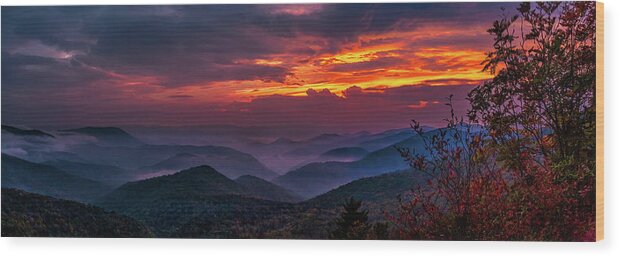 Autumn Wood Print featuring the photograph Autumn Stormy Sunset Panorama by Dan Carmichael