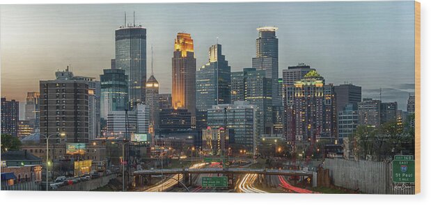 Night Photography Wood Print featuring the photograph Minneapolis Skyline Panoramic Print Signed by Karen Kelm