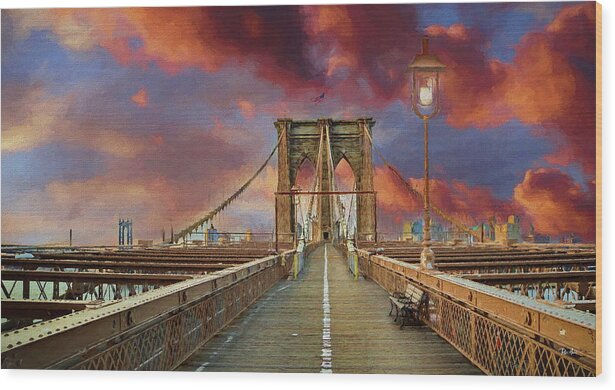 Brooklyn Wood Print featuring the digital art Brooklyn Bridge Early Morning Sunrise by Russ Harris
