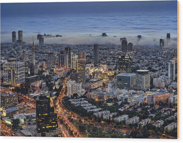 Israel Wood Print featuring the photograph Evening City Lights by Ron Shoshani