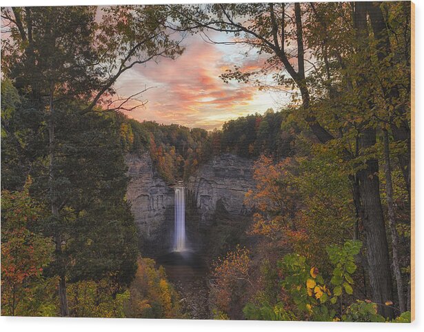Pxl Wood Print featuring the photograph Taughannock Falls Autumn Sunset by Michele Steffey