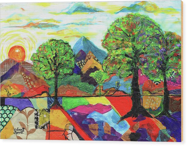 African Mask Wood Print featuring the mixed media Spring Sunset by Everett Spruill