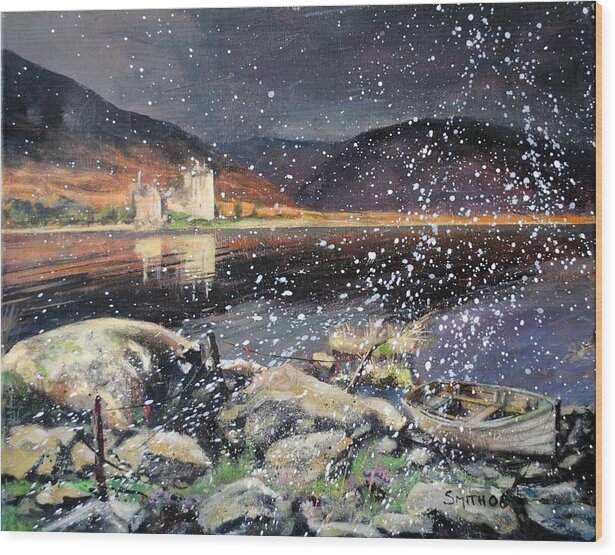 Landscape Scotland Winter Snow Castles Loch Wood Print featuring the painting Snow flurries by Tom Smith