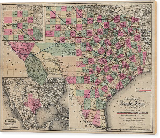 Texas Wood Print featuring the digital art Neue Karte de Staates Texas 1881 by Texas Map Store