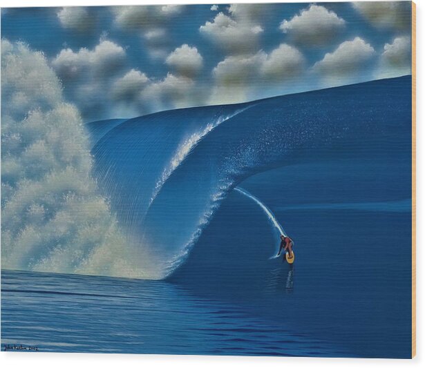 Surfing Wood Print featuring the painting Teahupoo Tahiti 2000 by John Kaelin