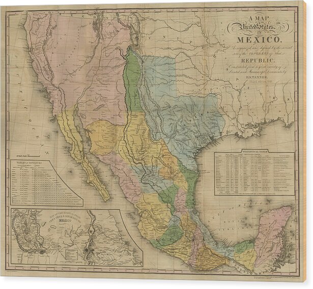 Texas Wood Print featuring the digital art Map of the United States of Mexico, Tanner 1846 by Texas Map Store