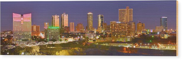 Fort Worth Skyline Wood Print featuring the photograph Fort Worth Skyline at Night Color Evening Panorama Ft. Worth Texas by Jon Holiday