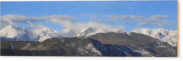 Panorama Wood Print featuring the photograph Moon Over The Rockies - Panorama by Shane Bechler