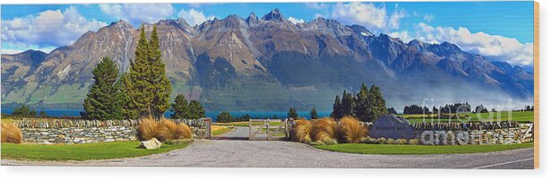 Mountains Mountain Landscape Landscapes South Island New Zealand Valley Pano Panorama Farming Road Gate Stone Wall Glenorchy Rural Landscape Landscapes South Island New Zealand Lake Wakatipu Panoramic Panoramas Blanket Bay Wood Print featuring the photograph Blanket Bay and Mt Bonpland by Bill Robinson