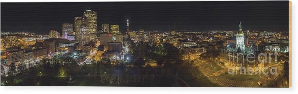 Hartford Ct Wood Print featuring the photograph Hartford CT Aerial Night Panorama by Mike Gearin