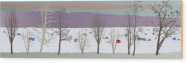 Winter Wood Print featuring the painting Trees and Bobhouses by Marian Federspiel