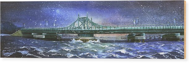 City Island Wood Print featuring the painting City Island Bridge Winter by Marguerite Chadwick-Juner