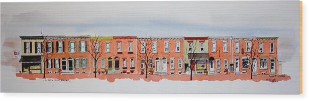 Watercolor Wood Print featuring the painting A bit of Scott Street 7x30 by William Renzulli