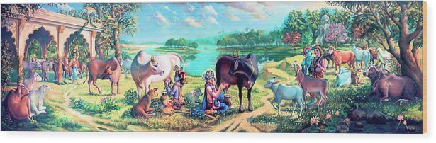 Krishna Wood Print featuring the painting Krishna Balaram milking cows by Vrindavan Das