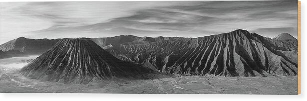 Panorama Wood Print featuring the photograph Mount Bromo sunrise mist indonesia black and white by Sonny Ryse