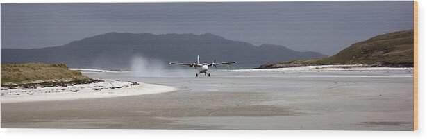 Taking Off Wood Print featuring the photograph Plane taking off at Barra beach by Paddimir Photography