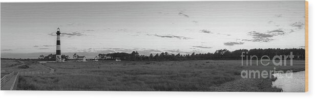 Bodie Island Lighthouse Wood Print featuring the photograph Bodie Island Light Sunset Pano BW by Michael Ver Sprill