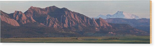 Flatirons Wood Print featuring the photograph Flatirons and Longs Peak Panorama by Aaron Spong