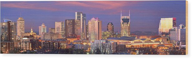 Nashville Wood Print featuring the photograph Nashville Skyline at Dusk 2018 1 to 4 Ratio Panorama Color by Jon Holiday