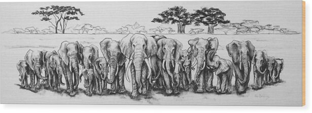 Elephants Wood Print featuring the drawing Following the Matriarch by Ann Beeching