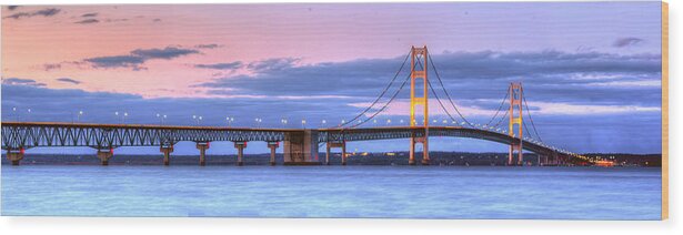 Mackinac Wood Print featuring the photograph Mackinac Bridge in Evening by Twenty Two North Photography