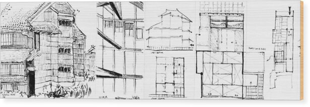 Sustainability Wood Print featuring the drawing 5.6.Japan-2-left-side by Charlie Szoradi