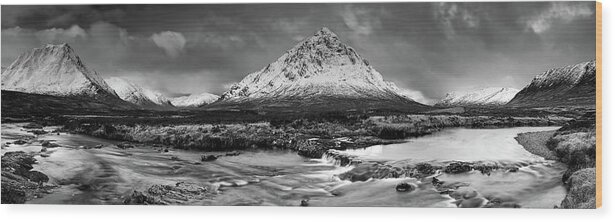Buachaille Etive More Wood Print featuring the photograph Buachaille Winter Panorama Mono by Grant Glendinning