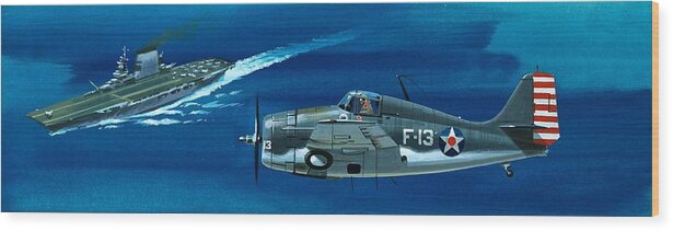 Aircraft; Aeroplane; Plane; Flying; Grumman F4rf-3 Wildcat; Grumman F6f-3 Hellcat; Chance Vought F4u-1a Corsair Wood Print featuring the painting Grumman F4RF-3 Wildcat by Wilf Hardy