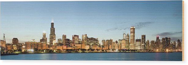 Water's Edge Wood Print featuring the photograph Panoramic View Of The Chicago Skyline #1 by Chrisp0