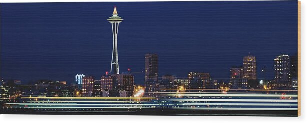 Seattle Wood Print featuring the photograph Ferry boats and Space Needle PD002 by Yoshiki Nakamura